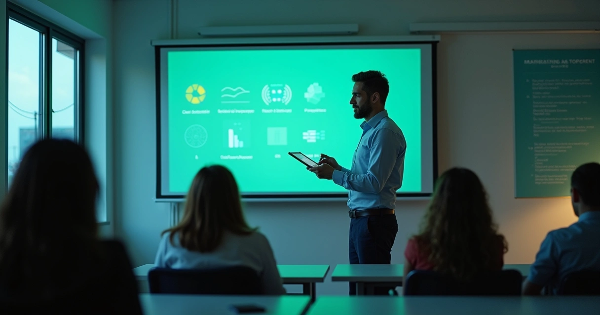 Professor usando tablet para registrar presença em sala de aula digital com alunos sentados 