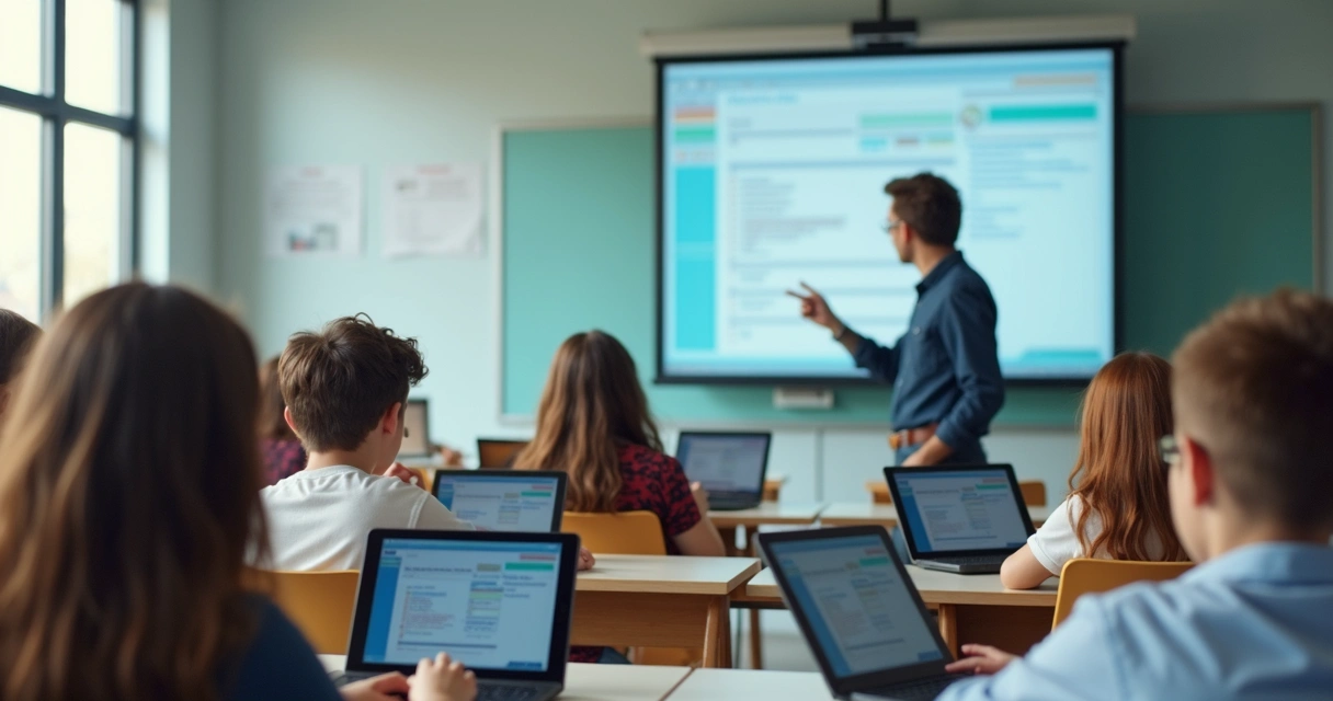 Sala de aula digital com alunos utilizando tablets e quadro interativo 