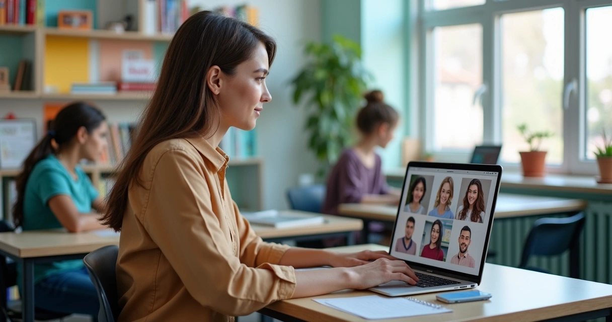 Professora usando computador para gerenciar sala de aula digital com alunos online 