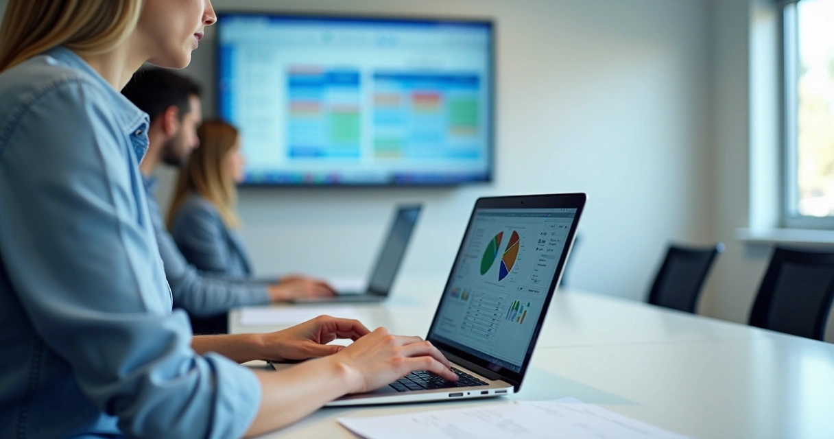 Gestora escolar usando notebook em mesa de reuniões, analisando gráficos digitais de matrículas escolares 