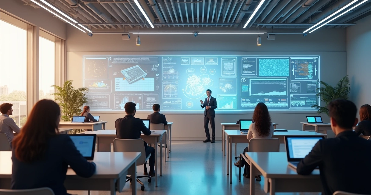 Sala de aula digital com painéis interativos de IA 