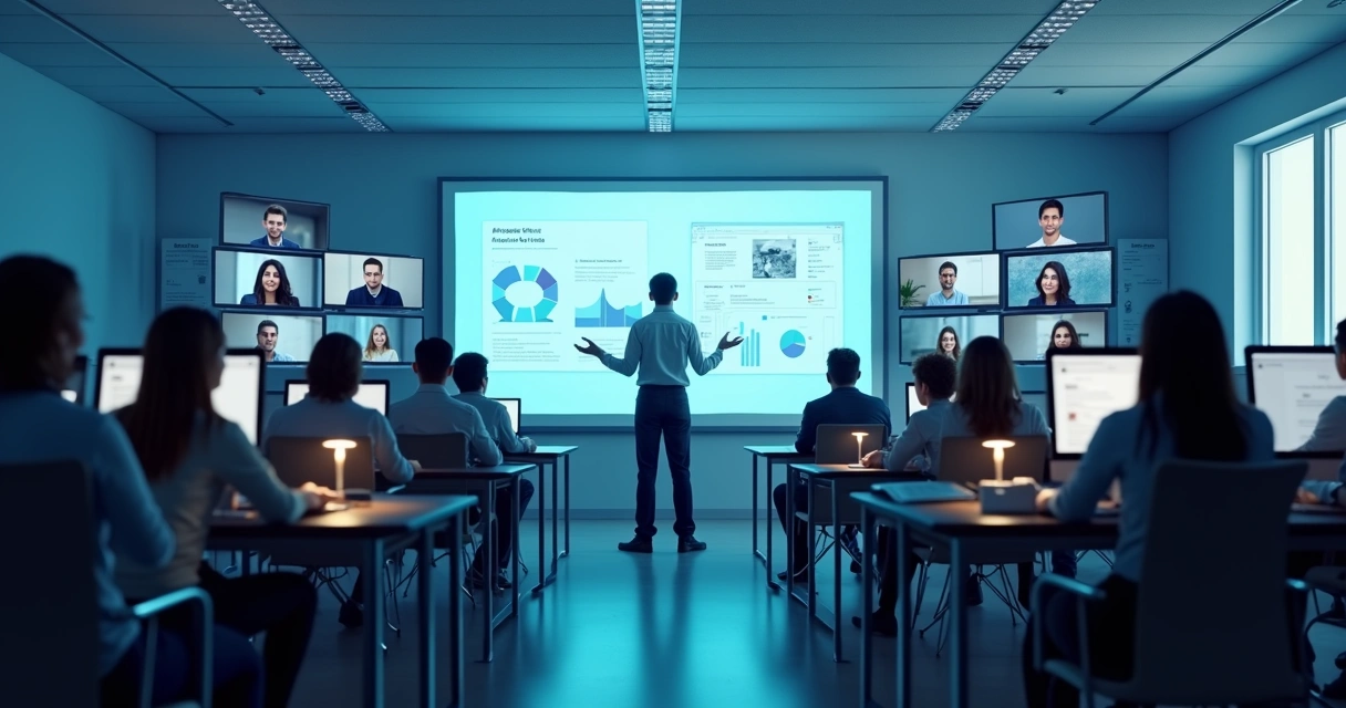 Professora ministrando aula online com várias janelas de alunos em tela. 