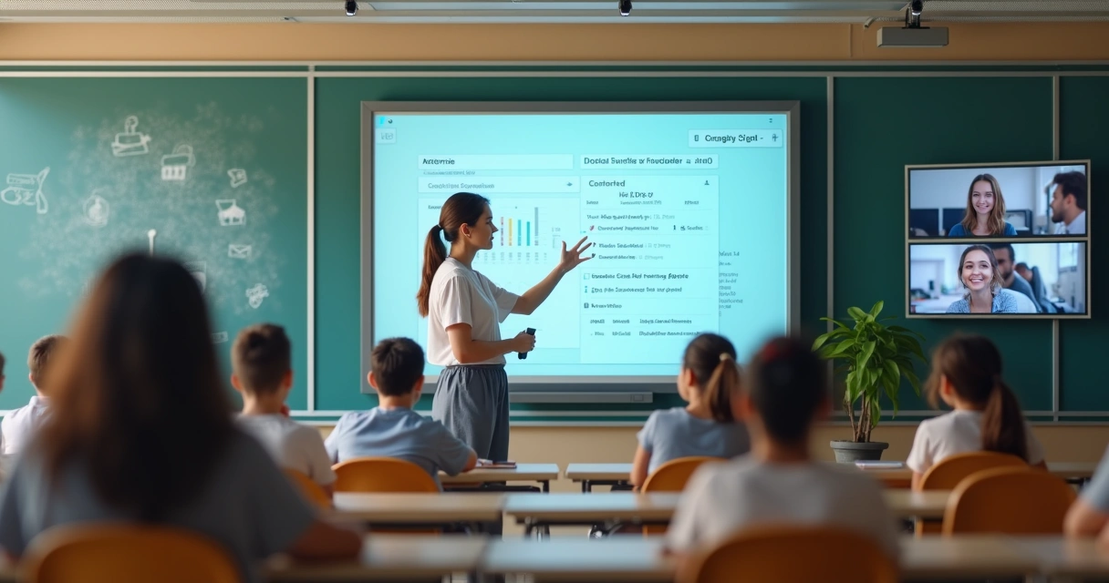 Professor usando painel digital para gestão escolar em aula de idiomas