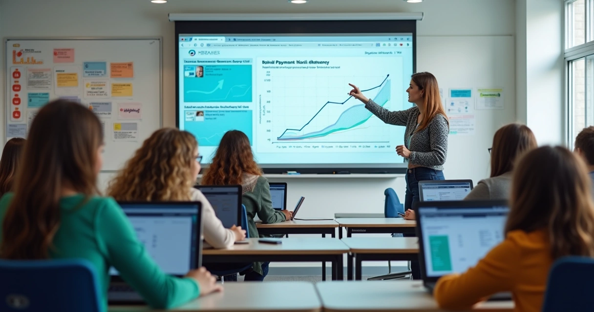 Sala de aula moderna com tecnologia de pagamentos digitais 