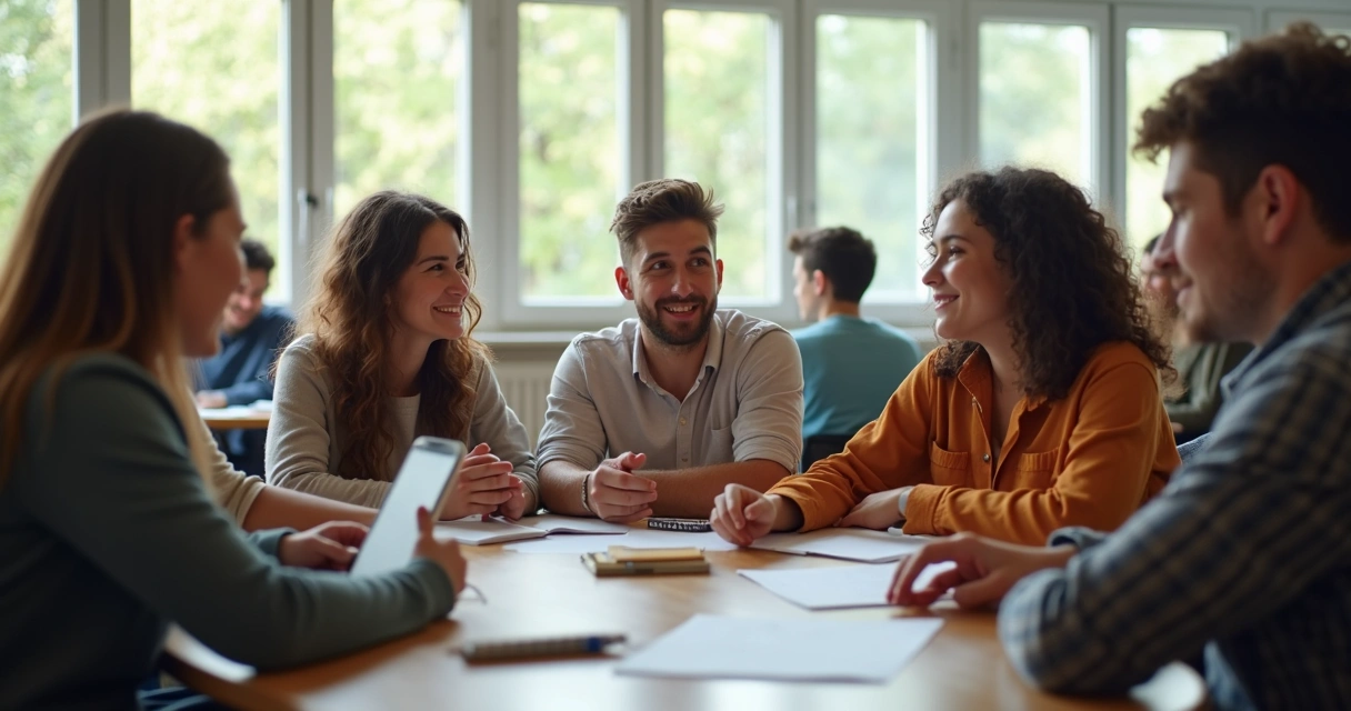 Grupo diverso de alunos interagindo e trabalhando juntos em sala de aula