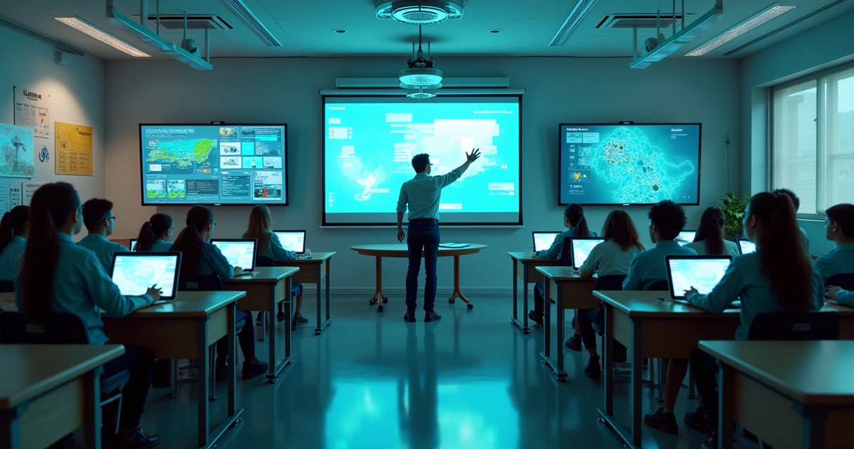 Sala de aula moderna com recursos tecnológicos avançados 