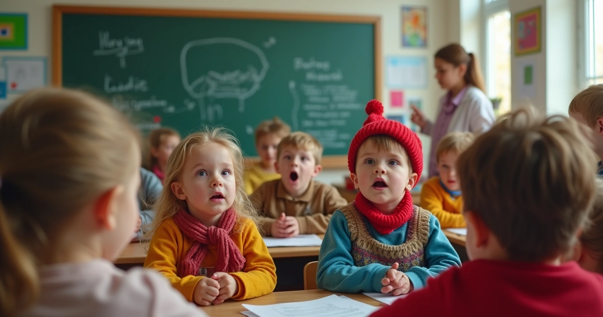 Crianças interpretando personagens em atividade de dramatização, expressando emoções, com professora orientando ao fundo. 