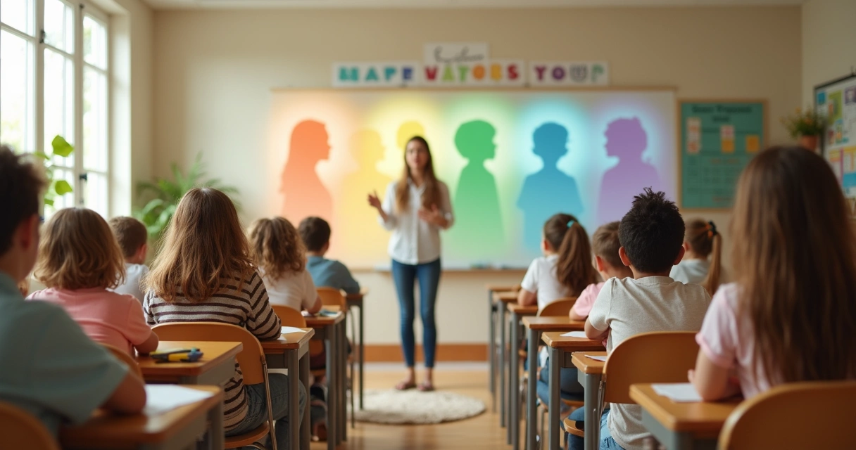 Crianças em sala de aula com sombras coloridas representando emoções ao fundo 