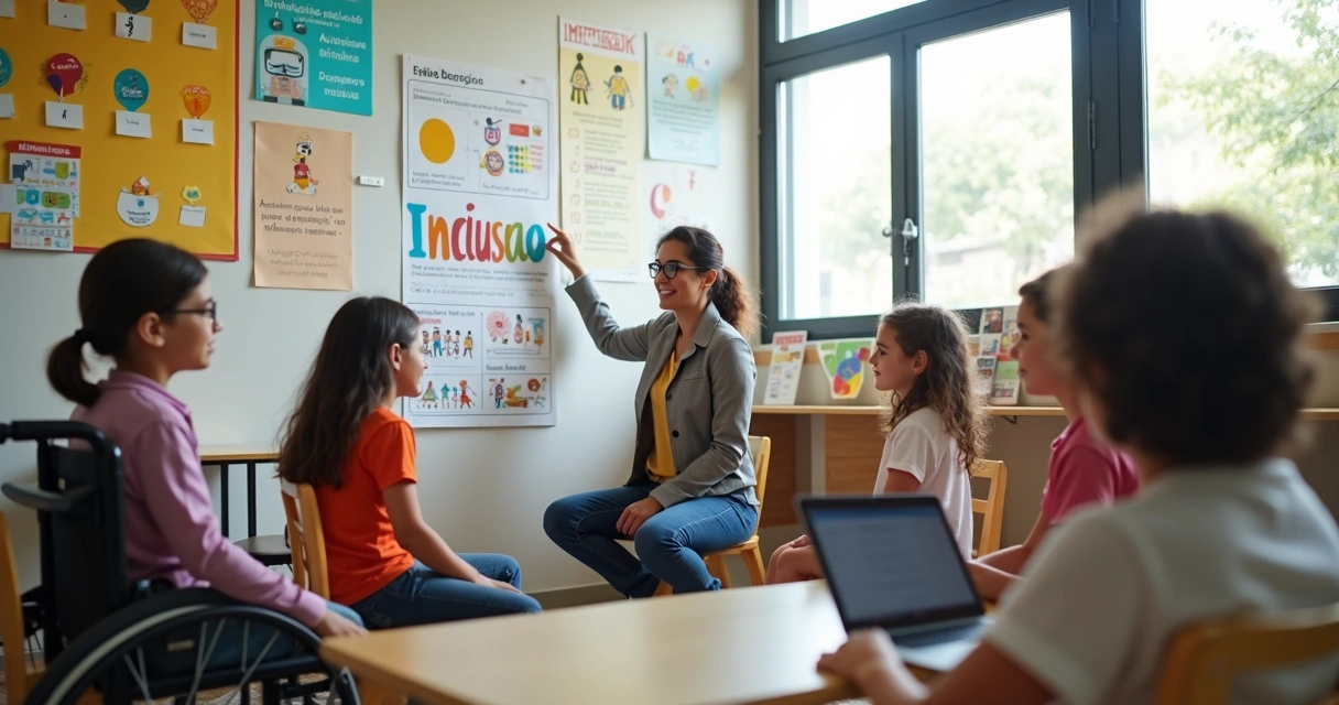 Sala de aula inclusiva com alunos diversos e professora interagindo em círculo 