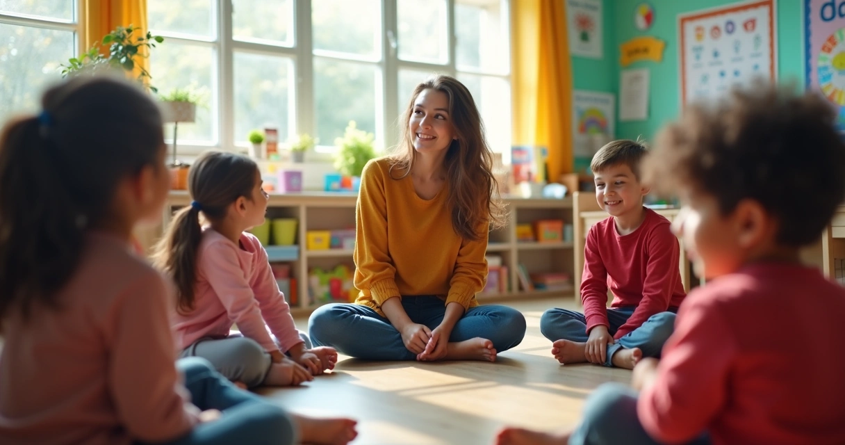 Crianças e professora em roda em sala de aula participando de dinâmica de sentimentos. 
