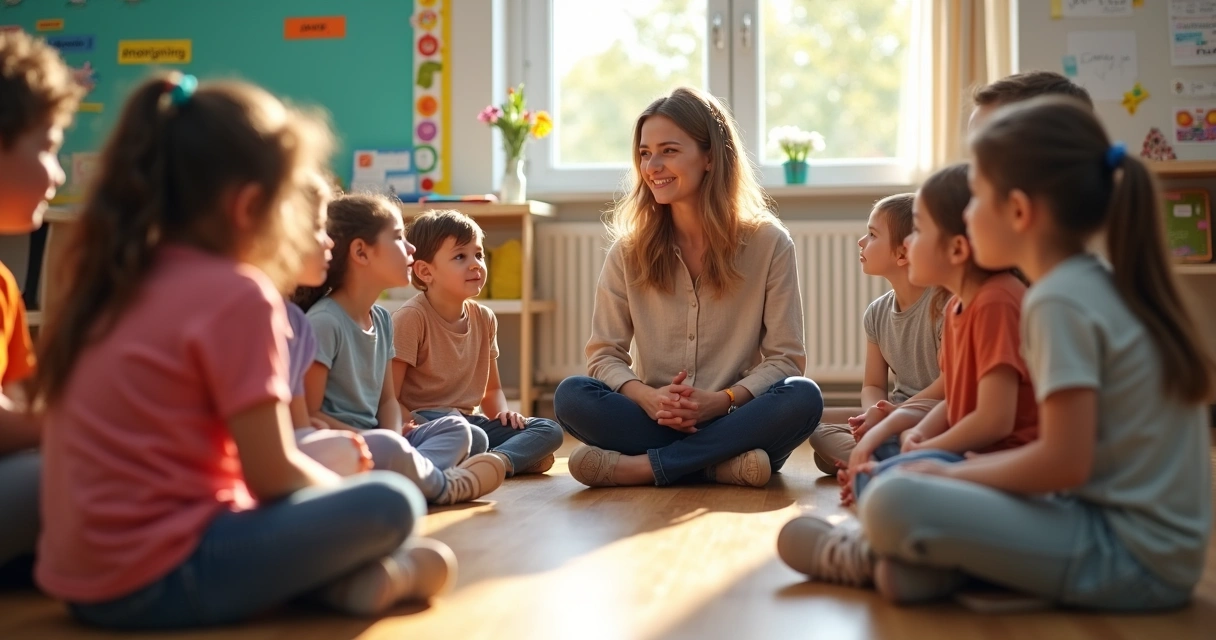 Professora sentada em círculo com alunos na sala de aula