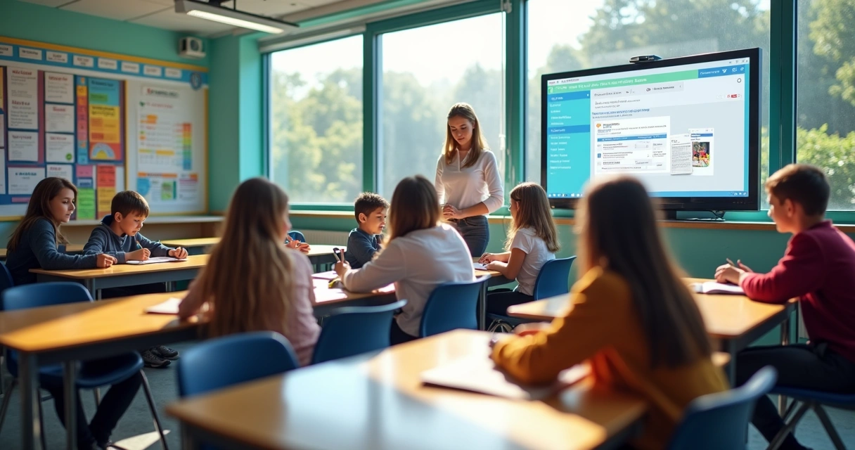 Alunos de Ensino Médio em sala de aula moderna com quadro digital