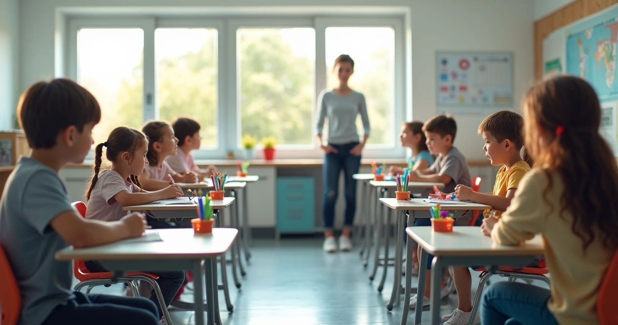 Sala de aula moderna com móveis ajustáveis e crianças sentadas corretamente 