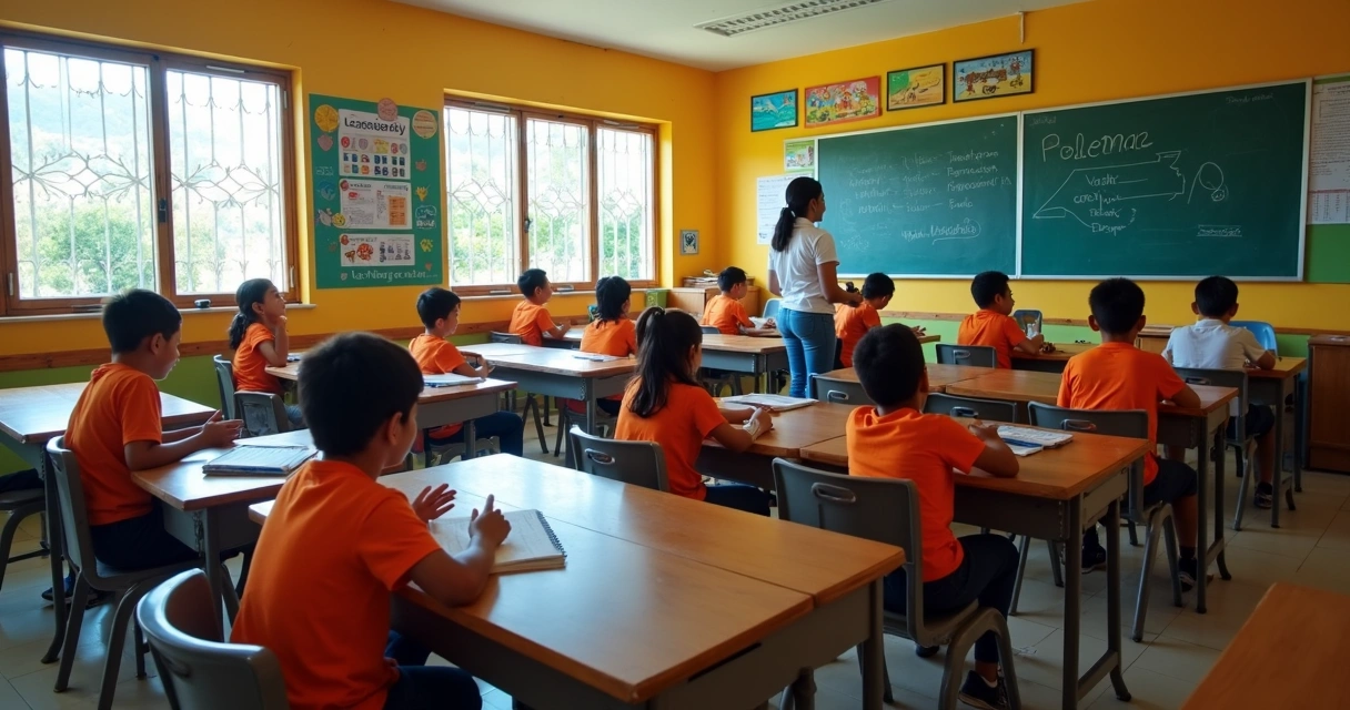 Sala de aula em escola pública do Rio Grande do Norte, com alunos e professora. 