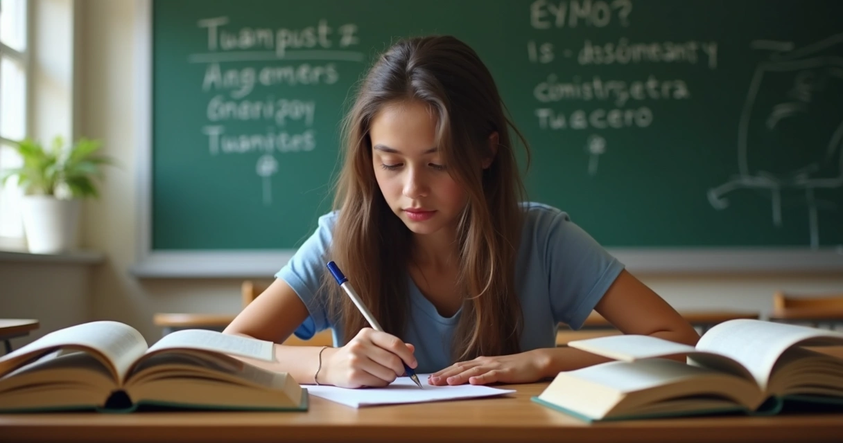 Estudante escrevendo redação em uma sala de aula com livros e frases em um quadro-negro. 