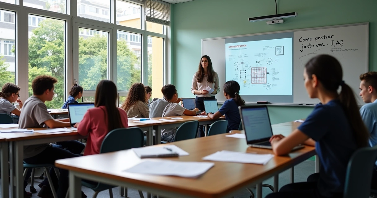 Sala de aula com alunos resolvendo problema de IA