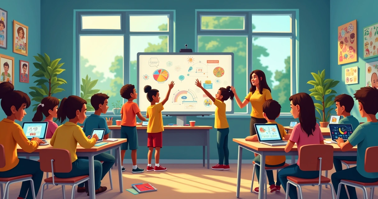 Estudantes diversos em uma sala de aula interativa, colaborando e aprendendo de várias formas.