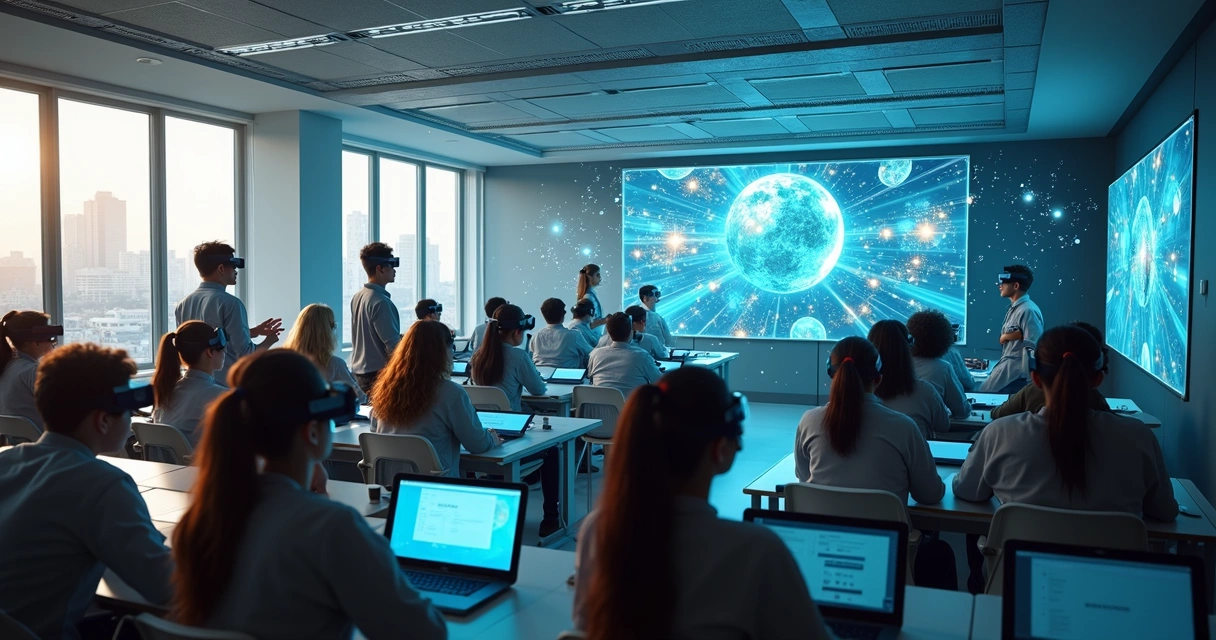 Sala de aula com alunos usando óculos de realidade aumentada e painéis digitais 