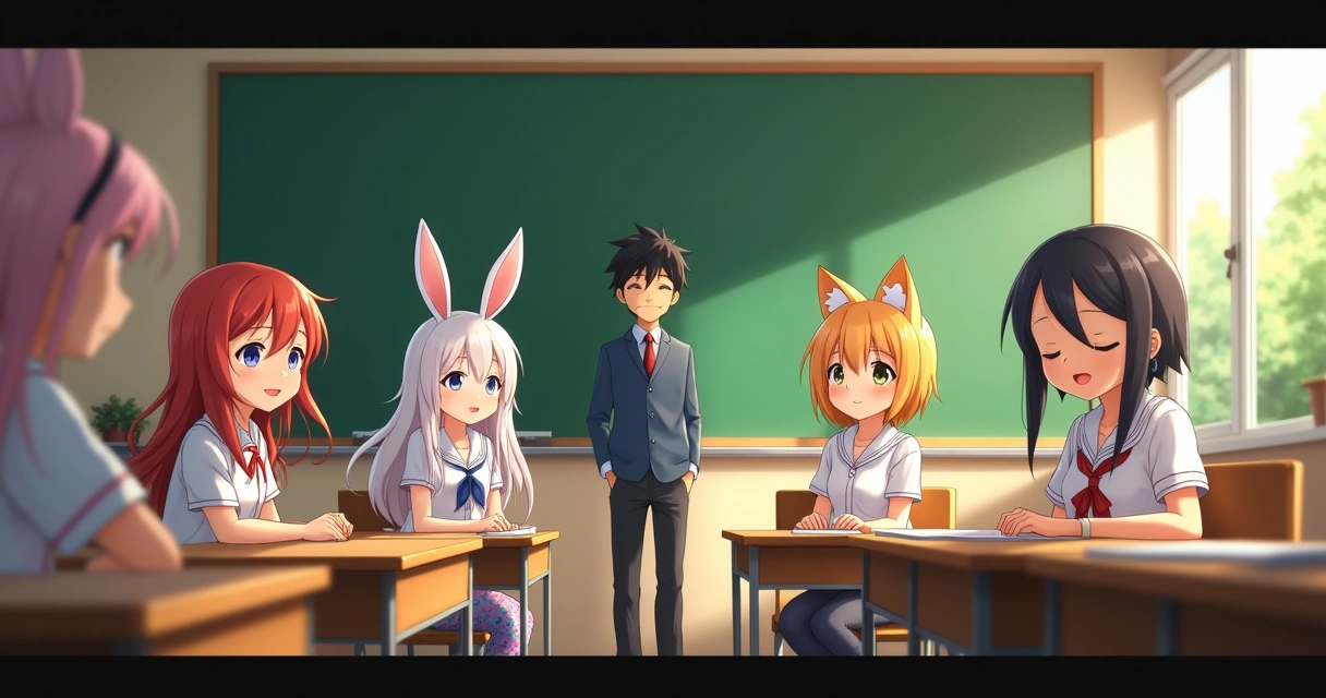 Sala de aula com humanos e seres demi-humanos em clima alegre 