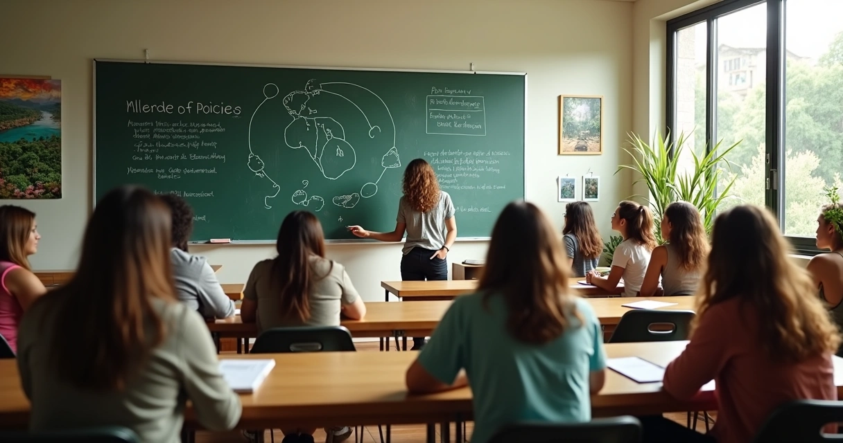 Estudantes latino-americanos em sala de aula, discutindo temas ambientais