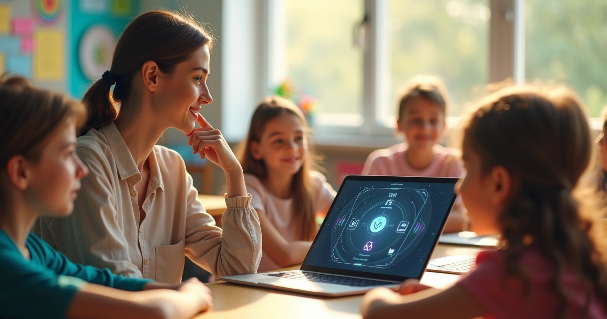 Professora mediando aula com alunos e computador na sala 