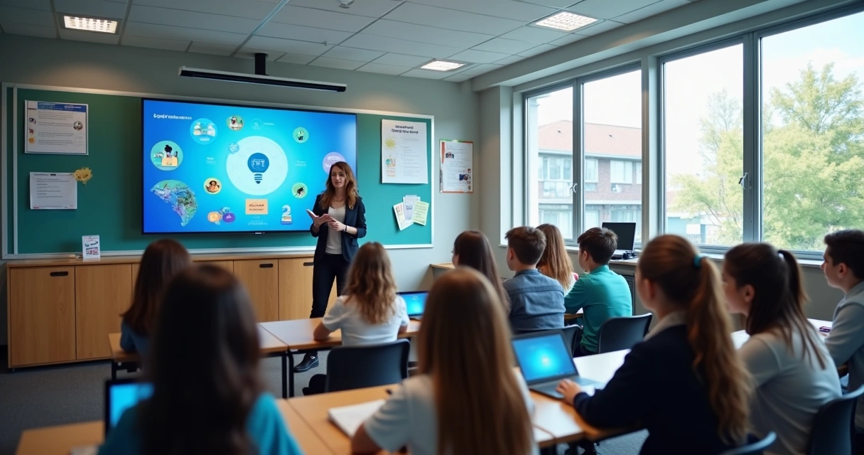 Professor utilizando ferramenta de IA em sala de aula com alunos atentos