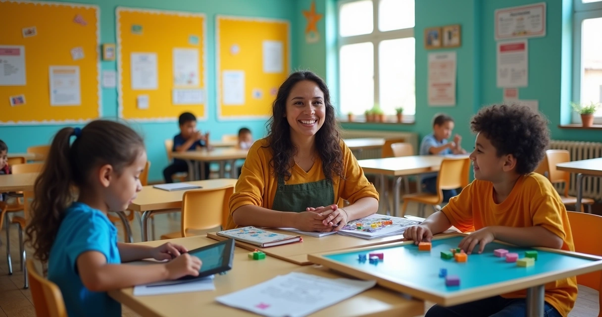 Sala de aula inclusiva com alunos interagindo, professor orientando e materiais diversos sobre as mesas.