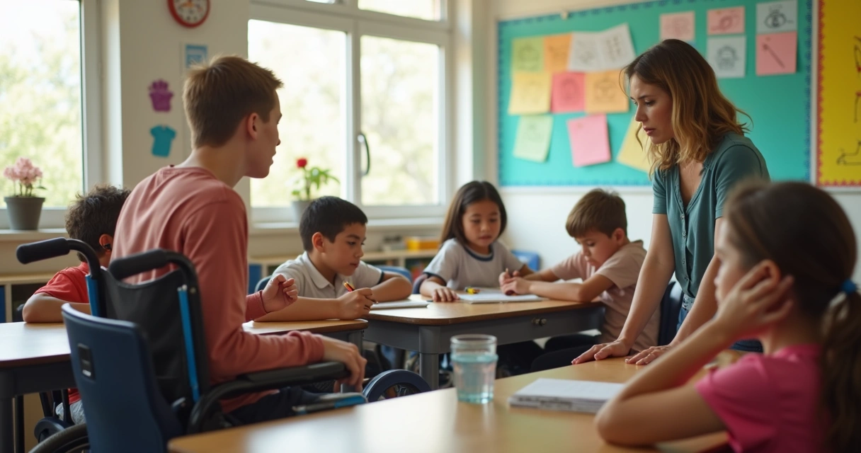 Sala de aula inclusiva com alunos diversos e professora atenta 