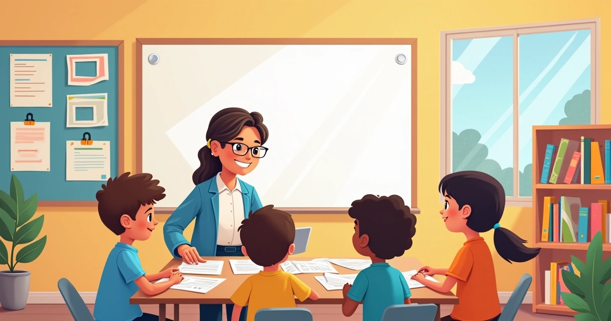 Ilustração de sala de aula inclusiva com professor e alunos em atividade, tecnologia assistiva e atmosfera acolhedora.