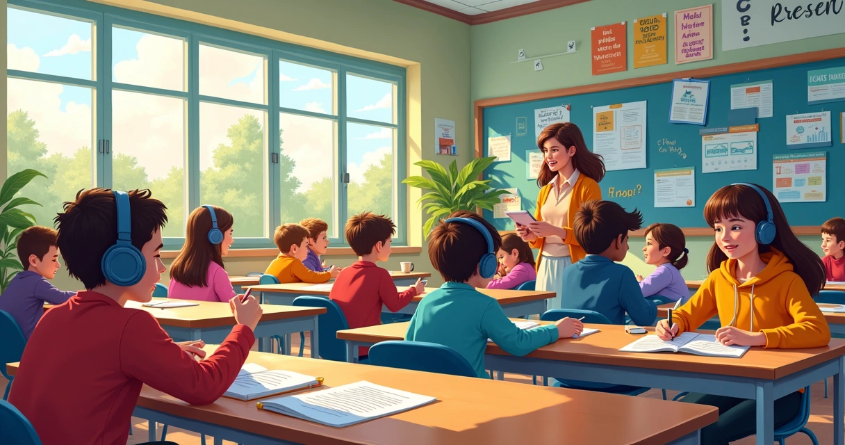 Estudantes em uma sala de aula inclusiva, aprendendo com audiolivros e jogos educativos, refletindo a adaptabilidade curricular.