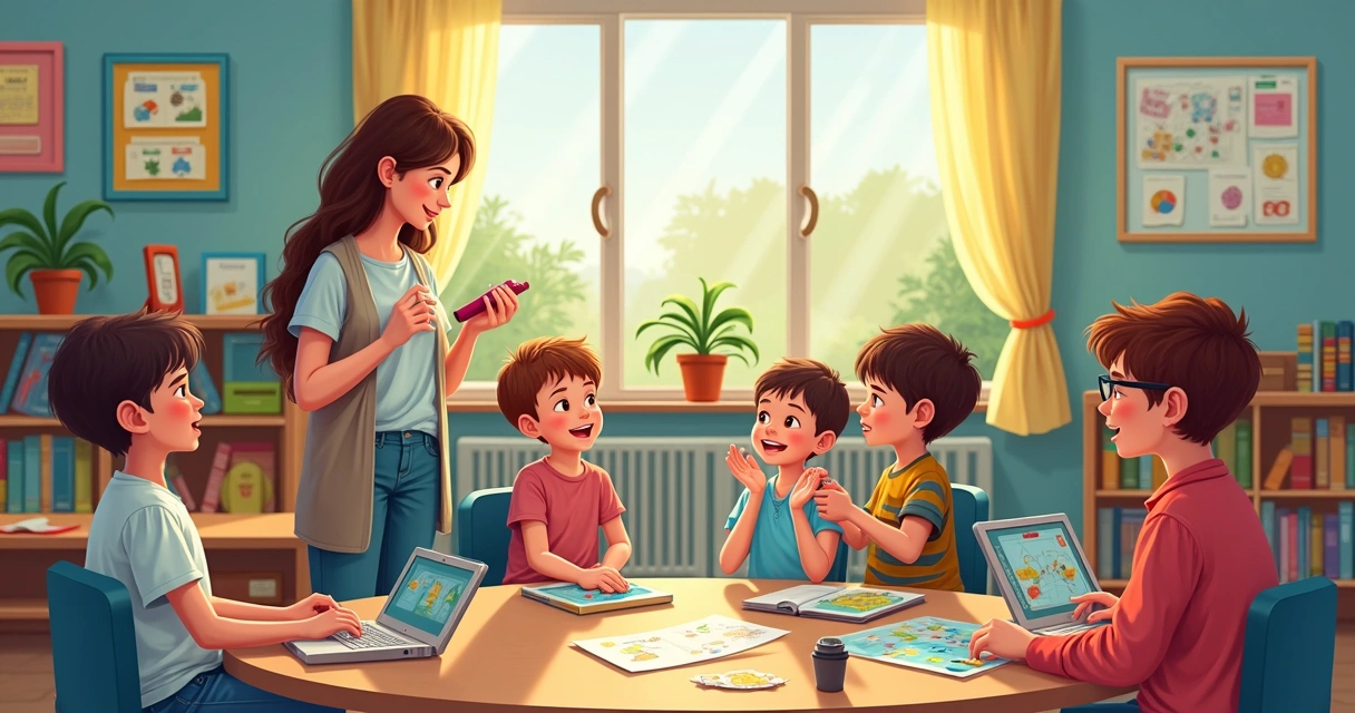 Sala de aula diversa, alunos engajados em atividades interativas 