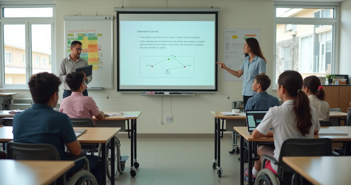 Sala de aula inclusiva com aluno em cadeira de rodas e professora explicando conteúdo em lousa digital 