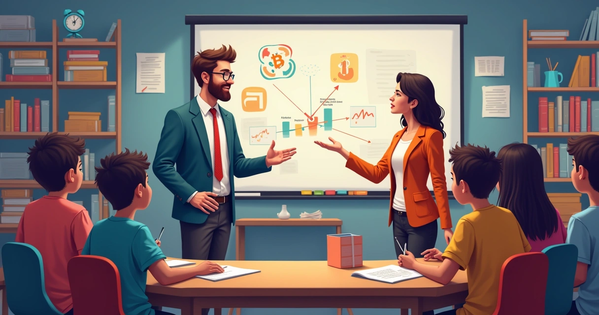 Sala de aula inclusiva com professor ajudando alunos com dislexia e TEA, promovendo aprendizado interativo.