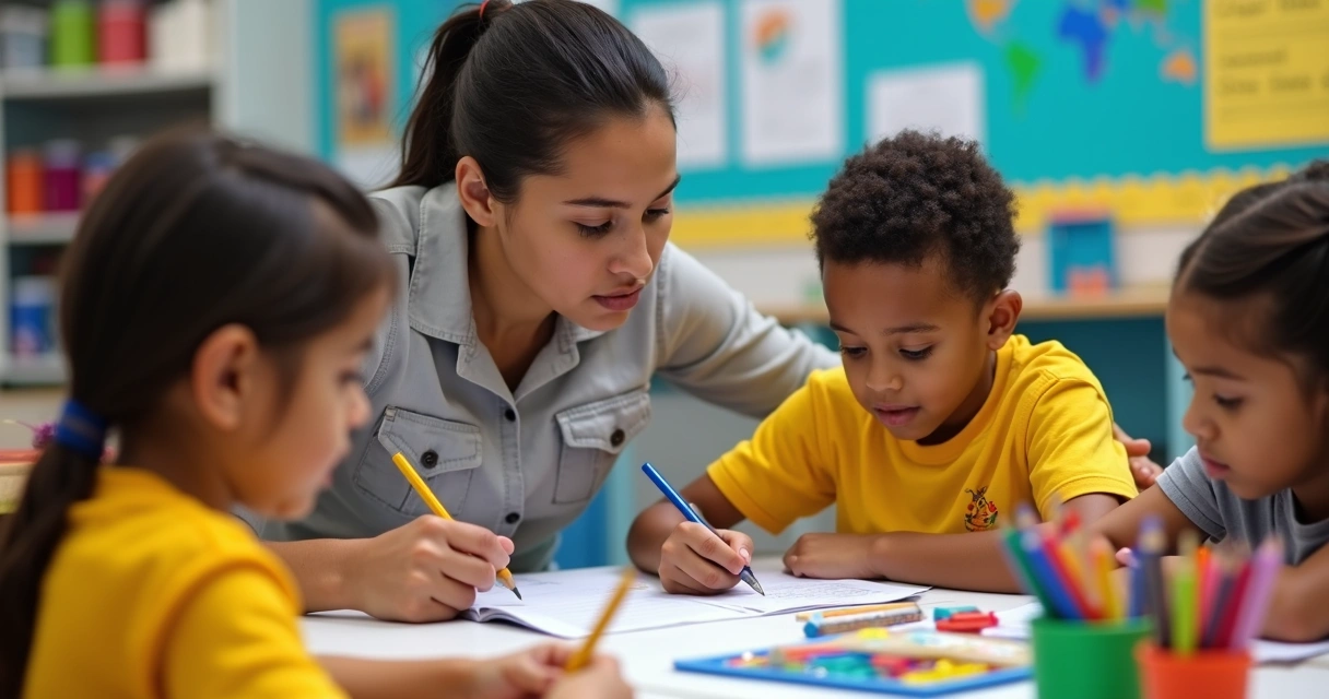 Sala de aula inclusiva com recursos adaptados e educador 