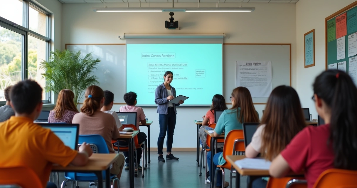 Classe de estudantes internacionais tendo aula de inglês em sala moderna na Austrália 
