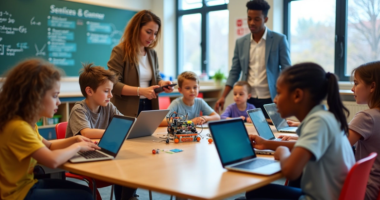 Alunos usando tablets e materiais maker em sala de aula 