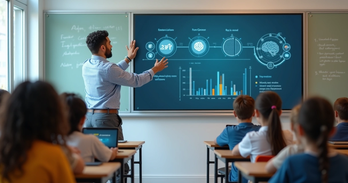 Professor usando ferramenta de IA com alunos em sala de aula 