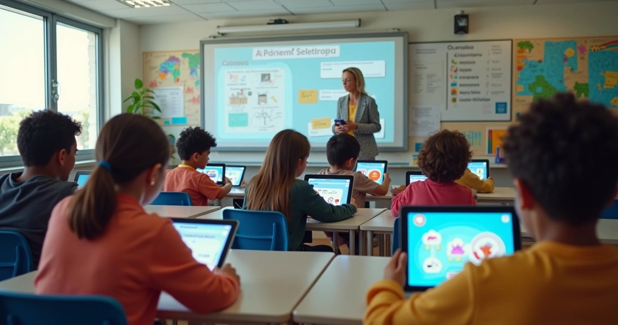 Alunos usando tablets com IA em sala de aula 