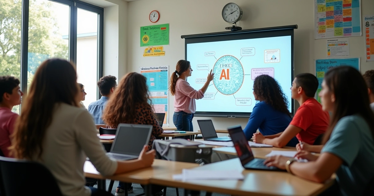Professor orienta alunos em sala de aula sobre inteligência artificial 
