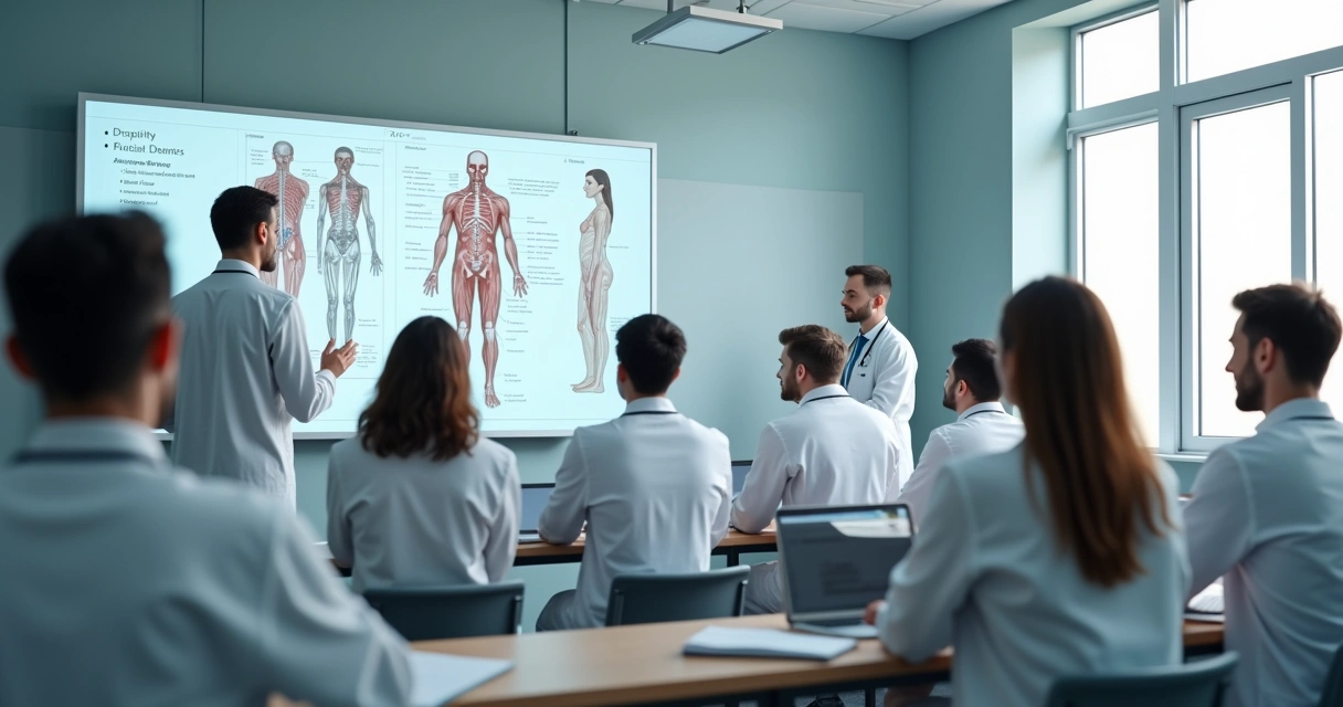 Alunos de medicina em sala de aula com jalecos brancos e quadro explicativo