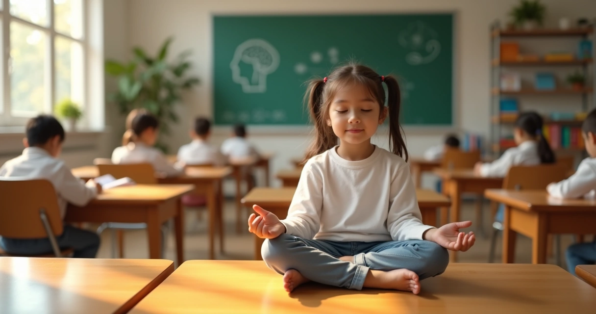 Aluno meditando em sala de aula enquanto colegas estudam ao fundo 