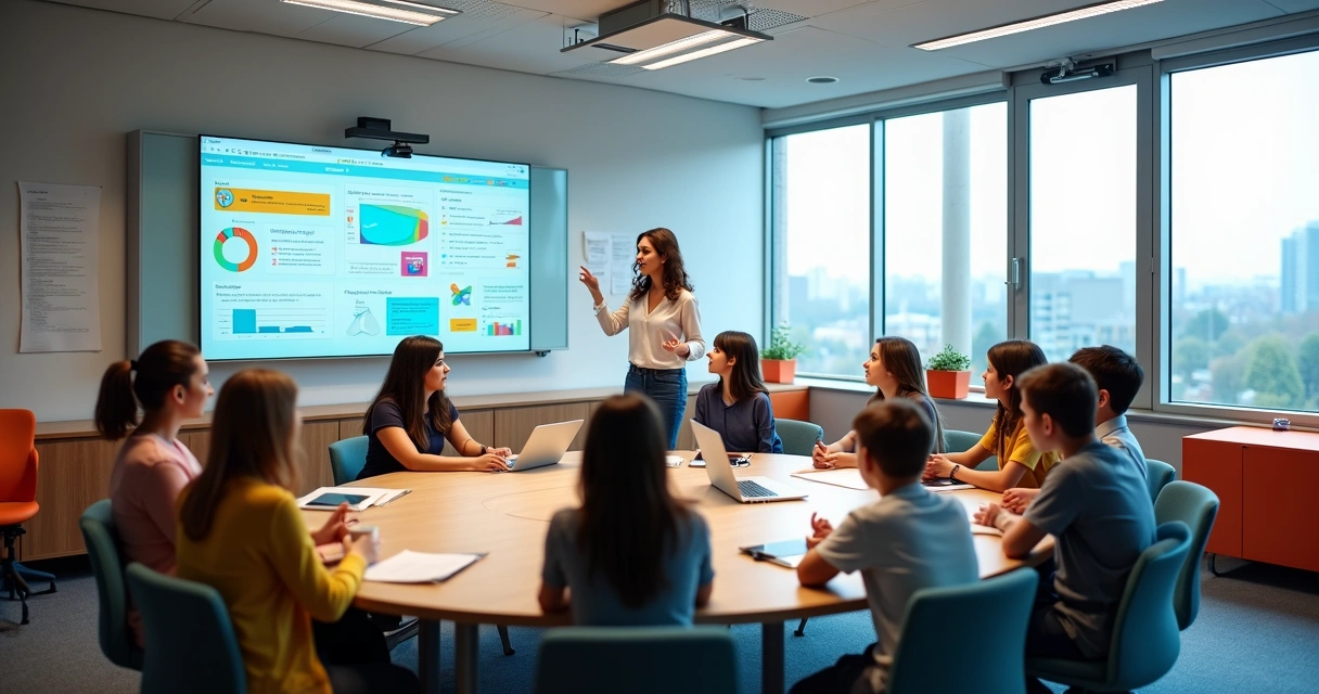Sala de aula moderna com alunos e quadro digital 