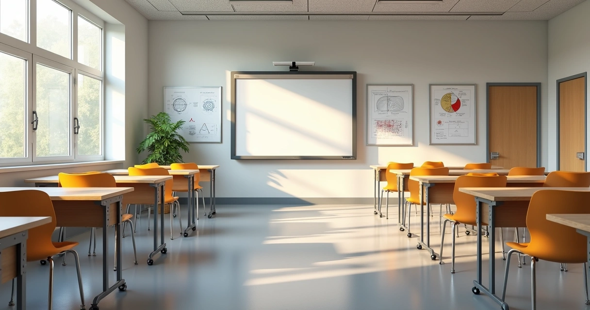 Sala de aula moderna vazia com carteiras e lousa digital 