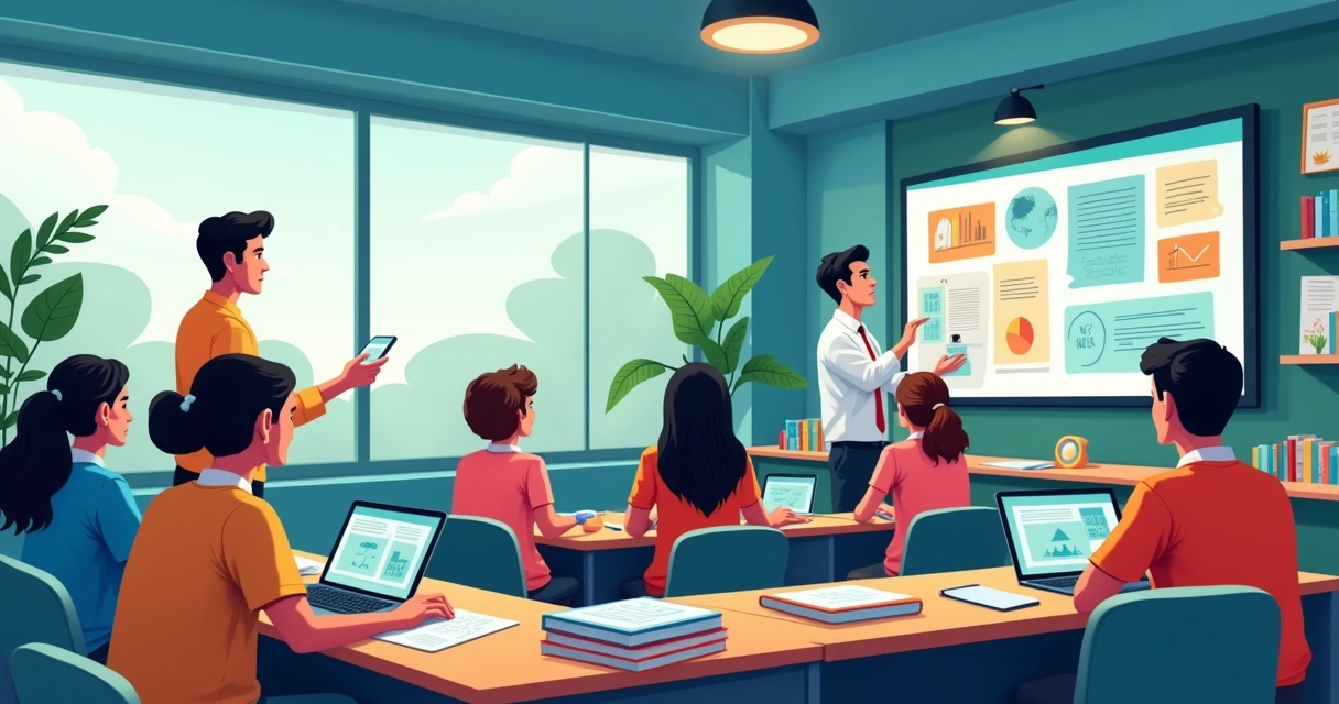 Ilustração de uma sala de aula moderna com professor ensinando usando tecnologia, alunos engajados e recursos variados.