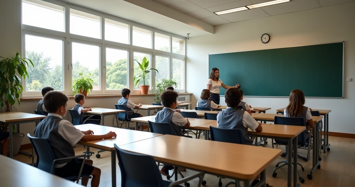Sala de aula com quadro digital, carteiras organizadas e estudantes uniformizados 