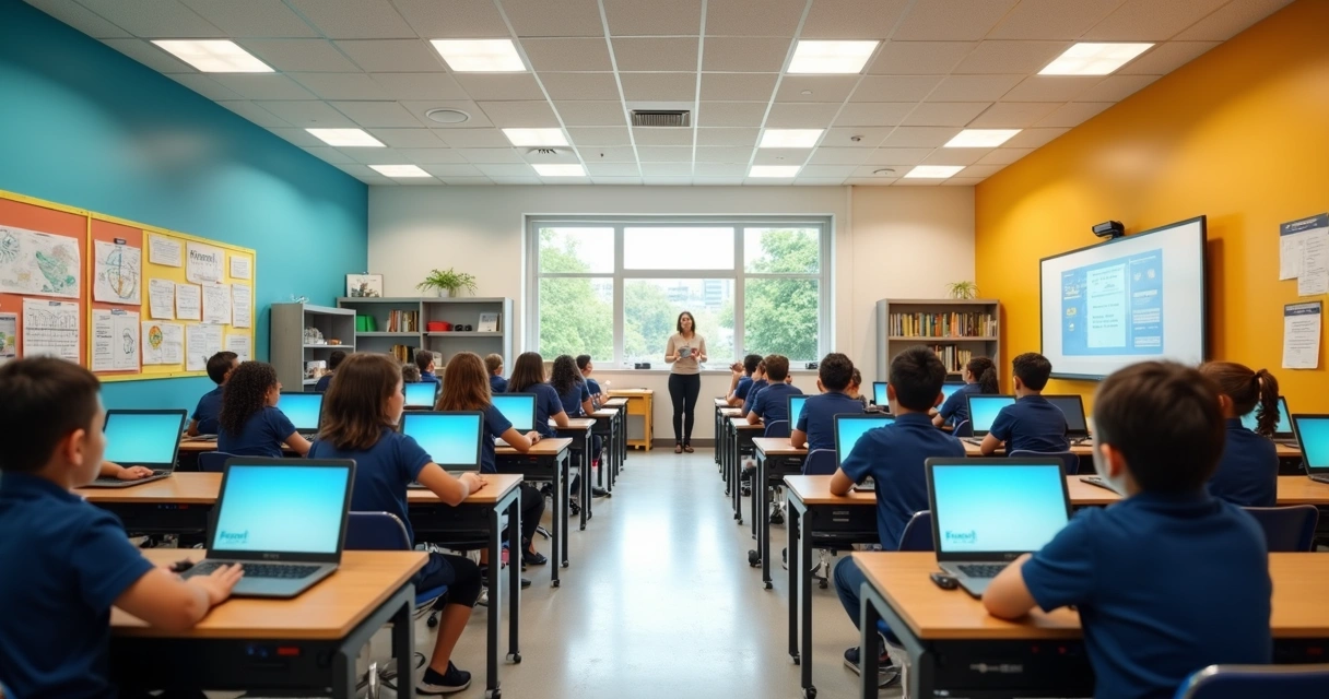 Sala de aula moderna com alunos e professor em escola do Rio de Janeiro 