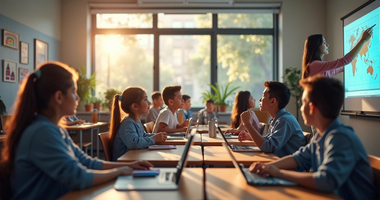 Sala de aula moderna com tecnologia e ambiente organizado