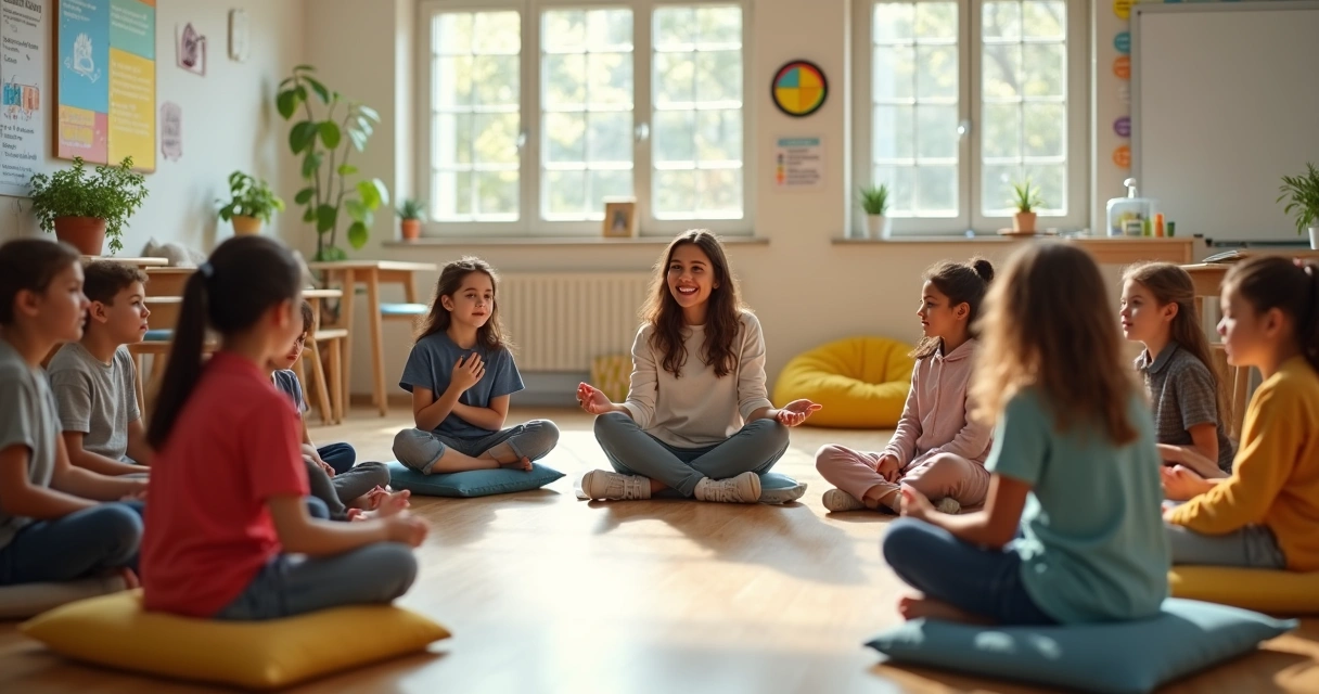 Professora acalmando turma escolar em círculo de conversa na sala de aula 