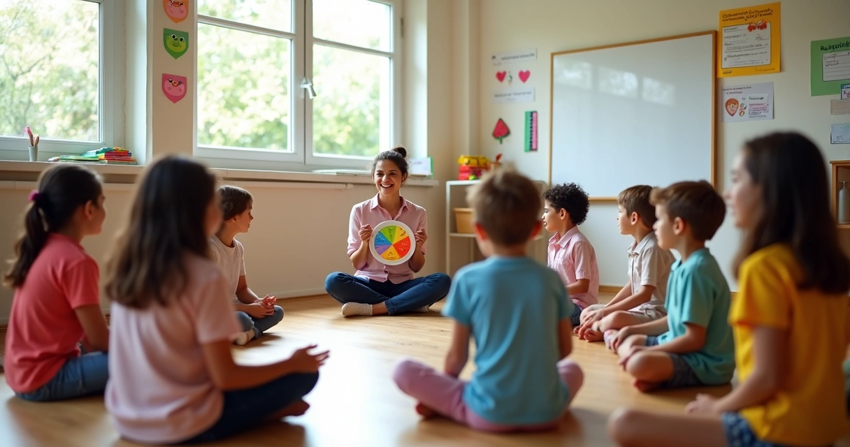Professora e alunos em roda em sala de aula praticando regulação emocional 