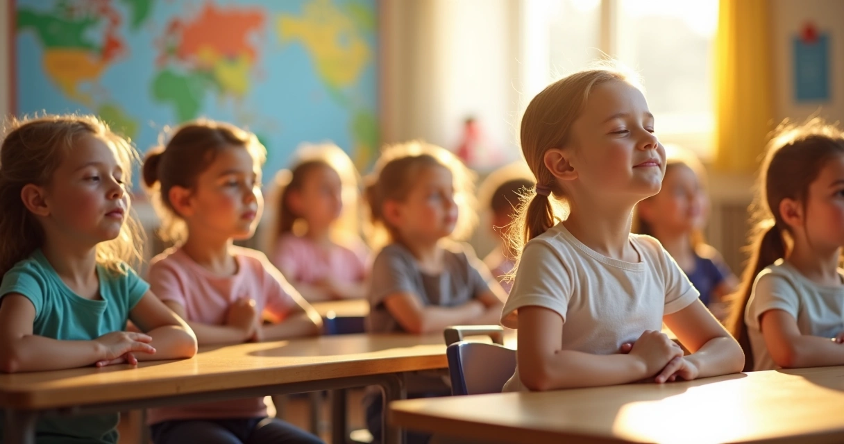 Alunos sentados em sala de aula praticando exercícios de respiração juntos
